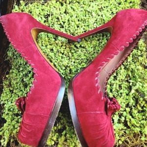 TABITHA SIMMONS Merlot Wine Suede Leather Platform Stiletto Ruffle Toe 5" Heels